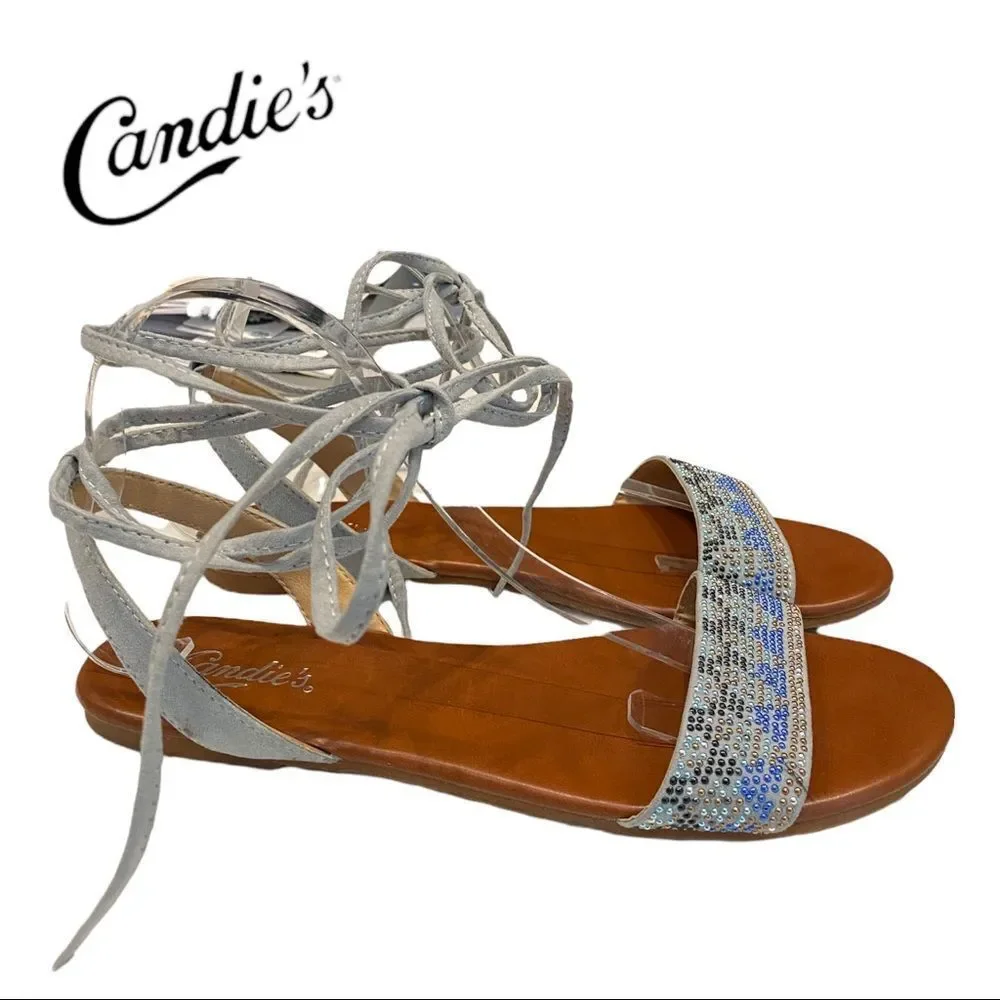 Candie's Women's Colorful Studded Ankle Tie Wrap Sandals 9.5